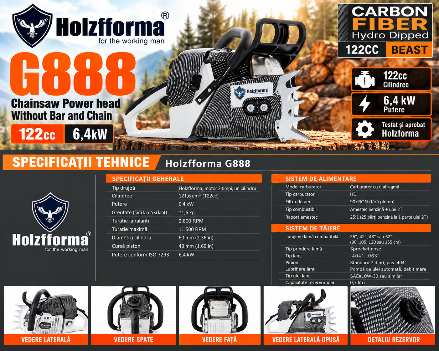 Drujba Holzfforma G888 PRO 122cc asamblata - fara lama si lant